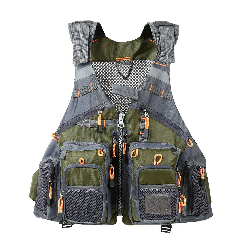Premium fishing vest with multiple pockets, adjustable straps, and mesh lining for breathability and safety on the water