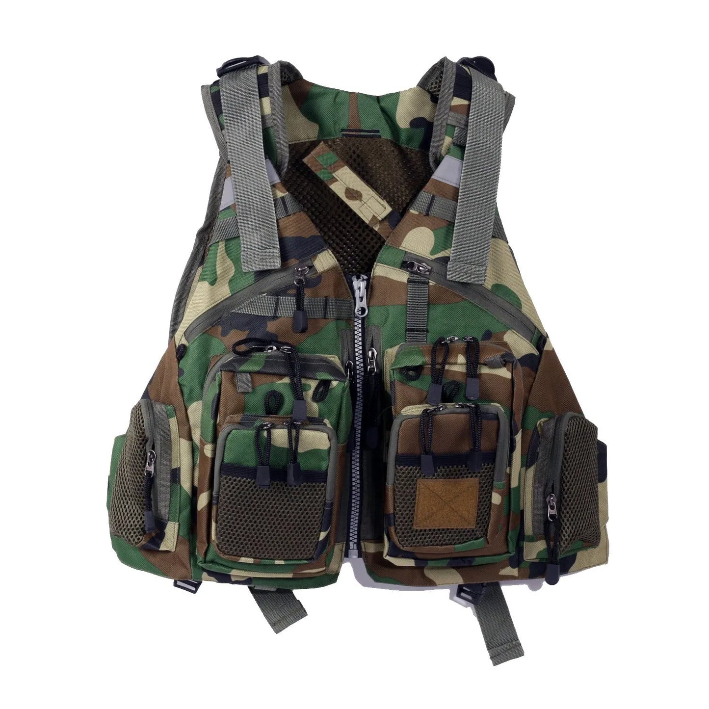 Grey fishing life jacket with reflective strips, multiple pockets, and adjustable buckle straps for water safety.