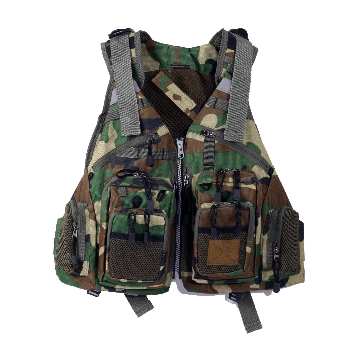 Fishing life jacket with removable EPE foam inserts, 10 pockets, adjustable straps, and reflective panels for water safety