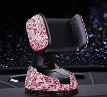 Car mobile phone rack with 360-degree rotation and rhinestone accents