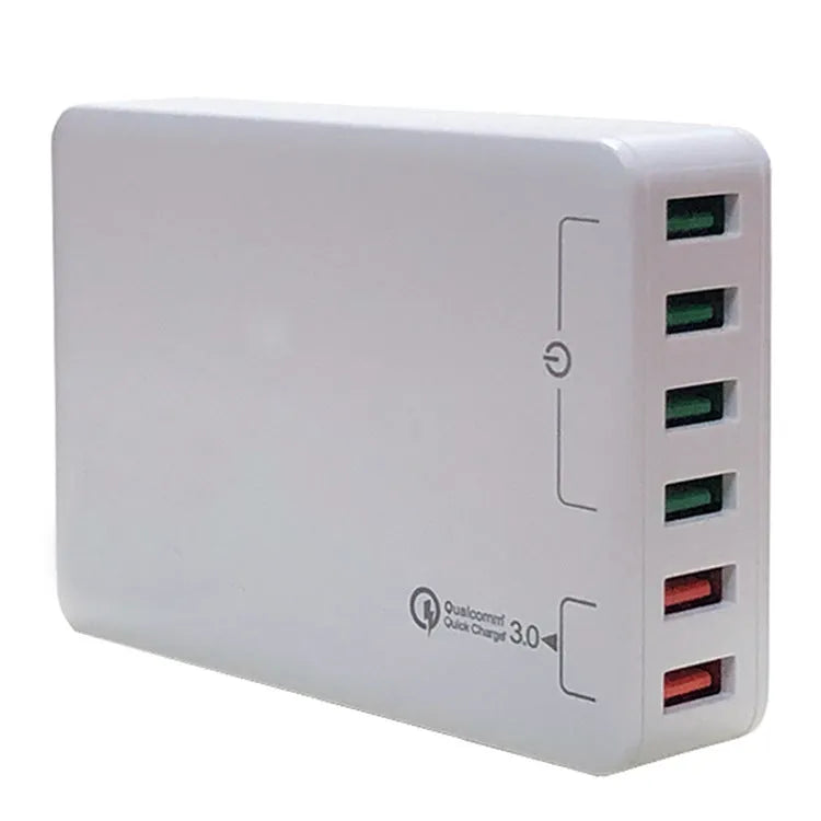 Black and white 60W desktop fast charger with dual USB ports and indicator lights