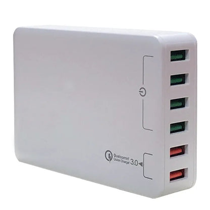 Black and white 60W desktop fast charger with dual USB ports and indicator lights