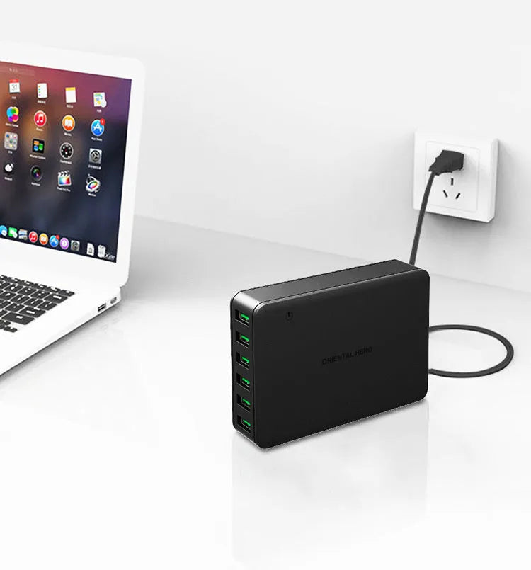 Black and white 60W desktop fast charger with dual USB ports and indicator lights