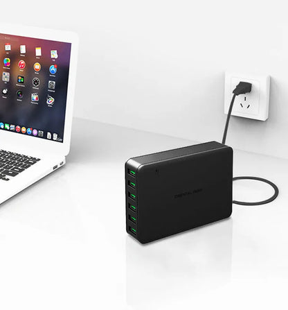 Black and white 60W desktop fast charger with dual USB ports and indicator lights