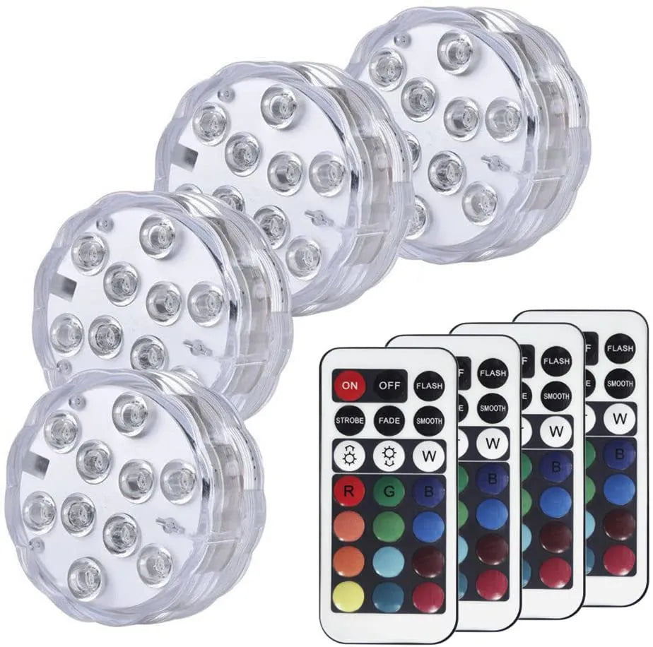 White waterproof remote control LED light with IP68 rating for pools and gardens.