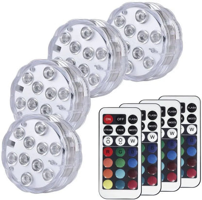 White waterproof remote control LED light with IP68 rating for pools and gardens.