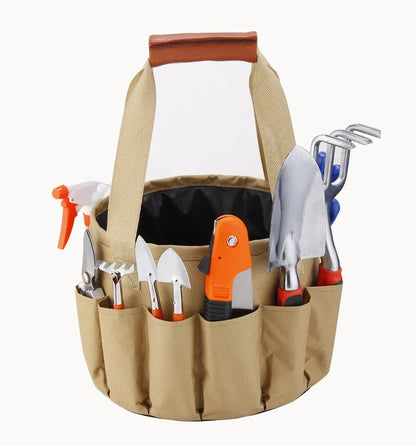 Mini bonsai tools kit with cream green storage bag, spades, rake, saw and gloves for gardening