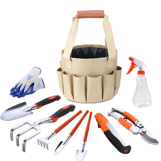 Mini bonsai tools kit with cream green storage bag, spades, rake, saw and gloves for gardening