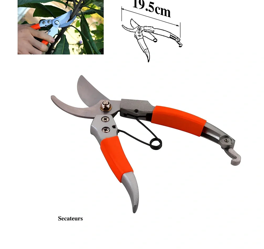 Mini bonsai tools kit with cream green storage bag, spades, rake, saw and gloves for gardening