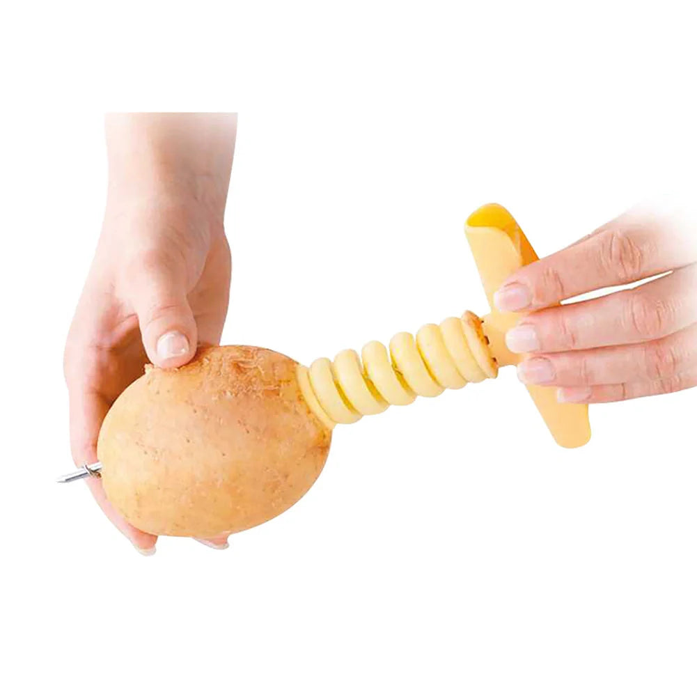 Manual potato spiral slicer with stainless steel blades on kitchen counter