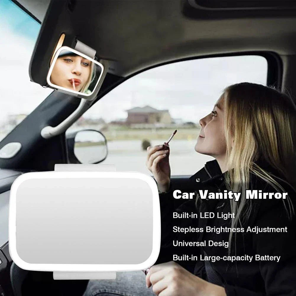 Illuminating car makeup mirror with silver-plated glass, 21 LED lights, and adjustable brightness for flawless on-the-go makeup application