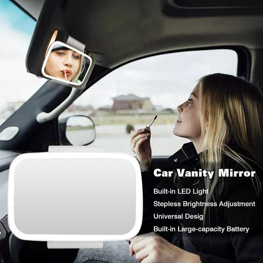 Illuminating car makeup mirror with silver-plated glass, 21 LED lights, and adjustable brightness for flawless on-the-go makeup application