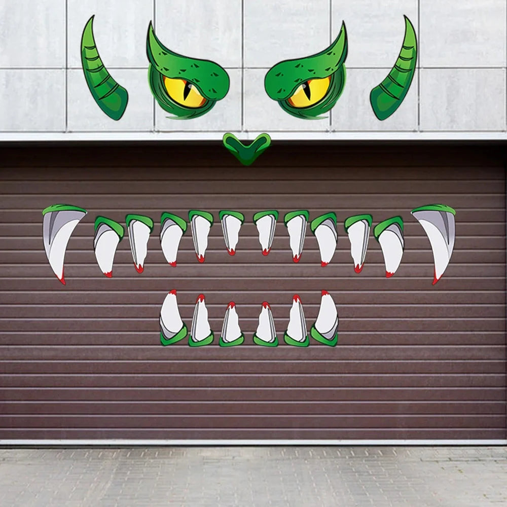 Oversized green monster plastic eyes door sticker, 213 cm tall PVC decoration with 3D protruding eyes for Halloween