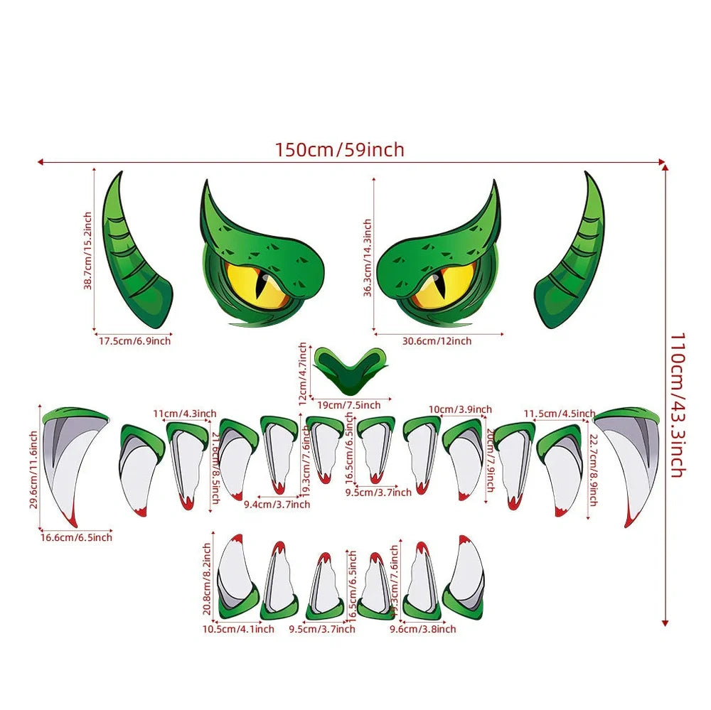 Oversized green monster plastic eyes door sticker, 213 cm tall PVC decoration with 3D protruding eyes for Halloween