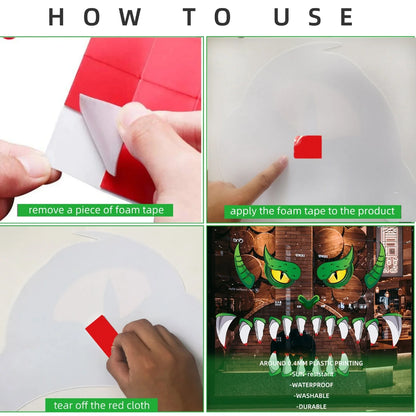 Oversized green monster plastic eyes door sticker, 213 cm tall PVC decoration with 3D protruding eyes for Halloween