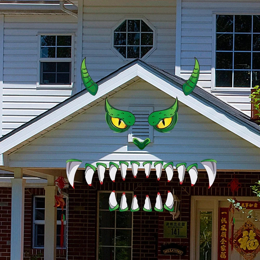 Oversized green monster plastic eyes door sticker, 213 cm tall PVC decoration with 3D protruding eyes for Halloween