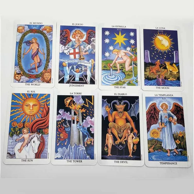 English version tarot card set with 78 cards, 6 x 10.3 cm size, colour box packing, Spanish Tarot option