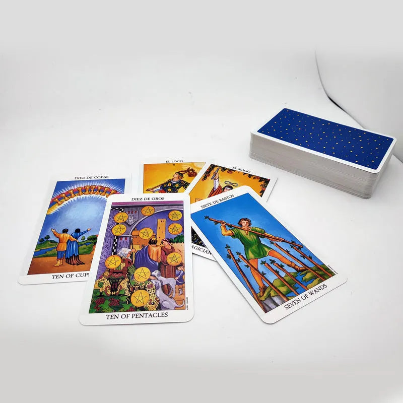 English version tarot card set with 78 cards, 6 x 10.3 cm size, colour box packing, Spanish Tarot option