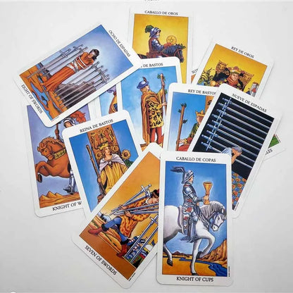English version tarot card set with 78 cards, 6 x 10.3 cm size, colour box packing, Spanish Tarot option