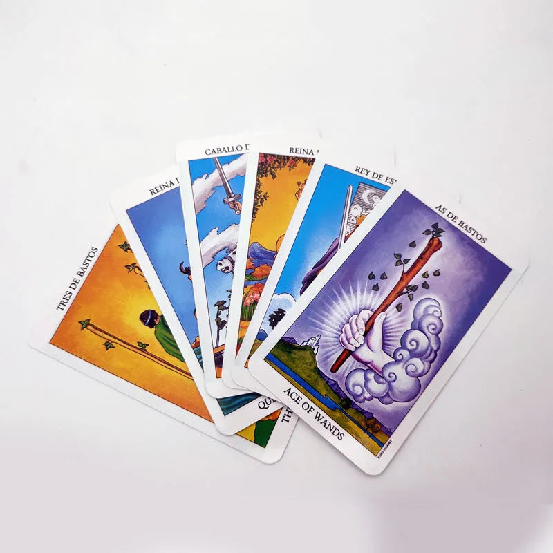 English version tarot card set with 78 cards, 6 x 10.3 cm size, colour box packing, Spanish Tarot option
