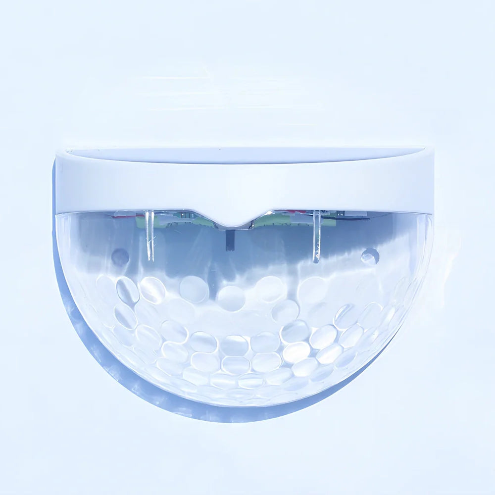 Pair of white waterproof solar semicircular fence lamps with water drop effect, IP65 rated for garden use, 90x62x50mm