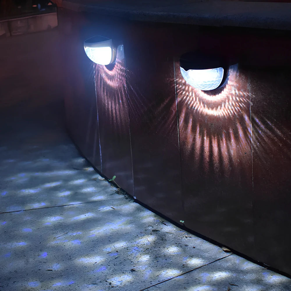 Pair of white waterproof solar semicircular fence lamps with water drop effect, IP65 rated for garden use, 90x62x50mm