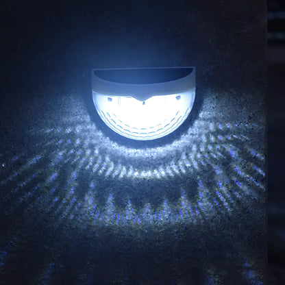 Pair of white waterproof solar semicircular fence lamps with water drop effect, IP65 rated for garden use, 90x62x50mm