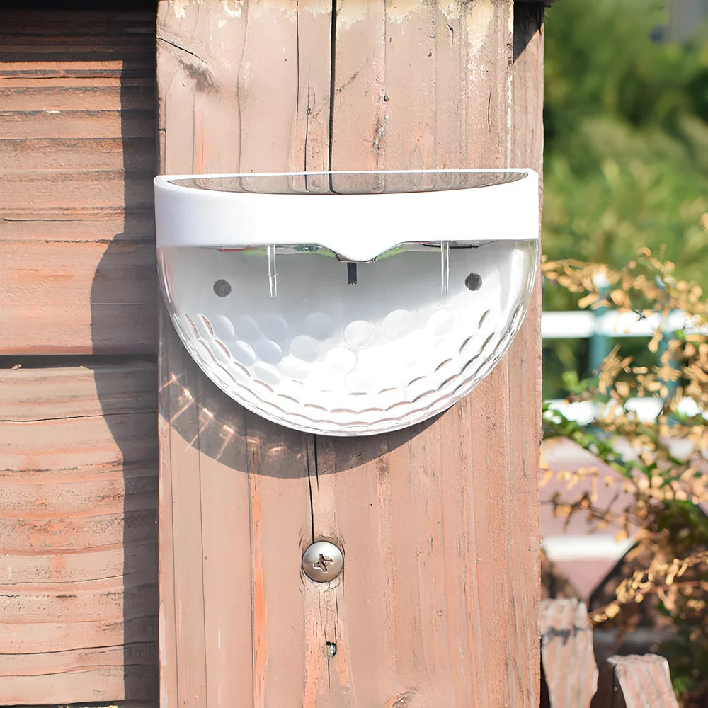 Pair of white waterproof solar semicircular fence lamps with water drop effect, IP65 rated for garden use, 90x62x50mm