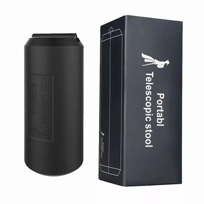 Compact folding outdoor camping stool in black, featuring a telescopic design for easy storage and portability