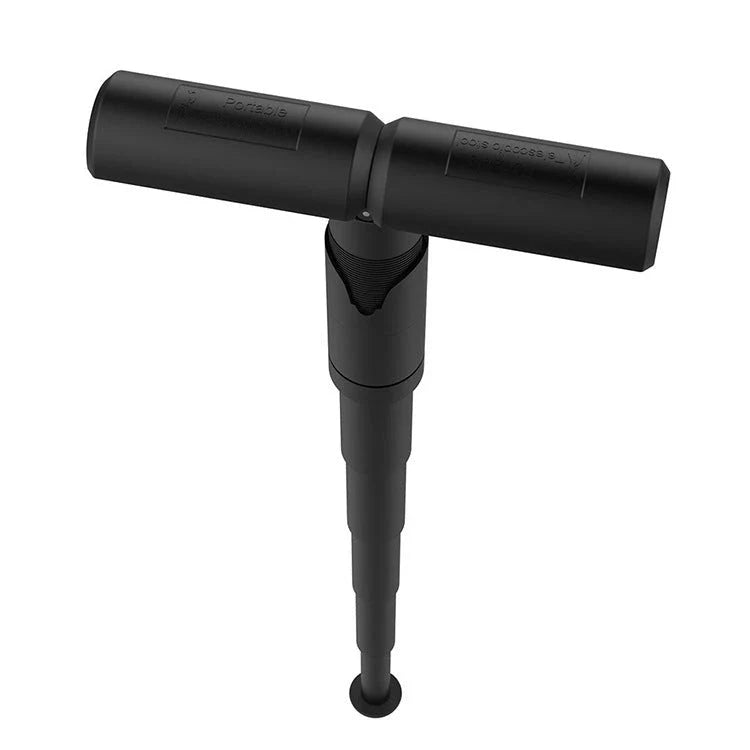 Compact folding outdoor camping stool in black, featuring a telescopic design for easy storage and portability