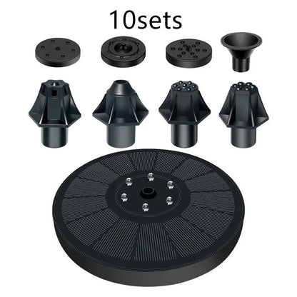 Black solar floating fountain pump with 4 nozzle heads for garden ponds and birdbaths