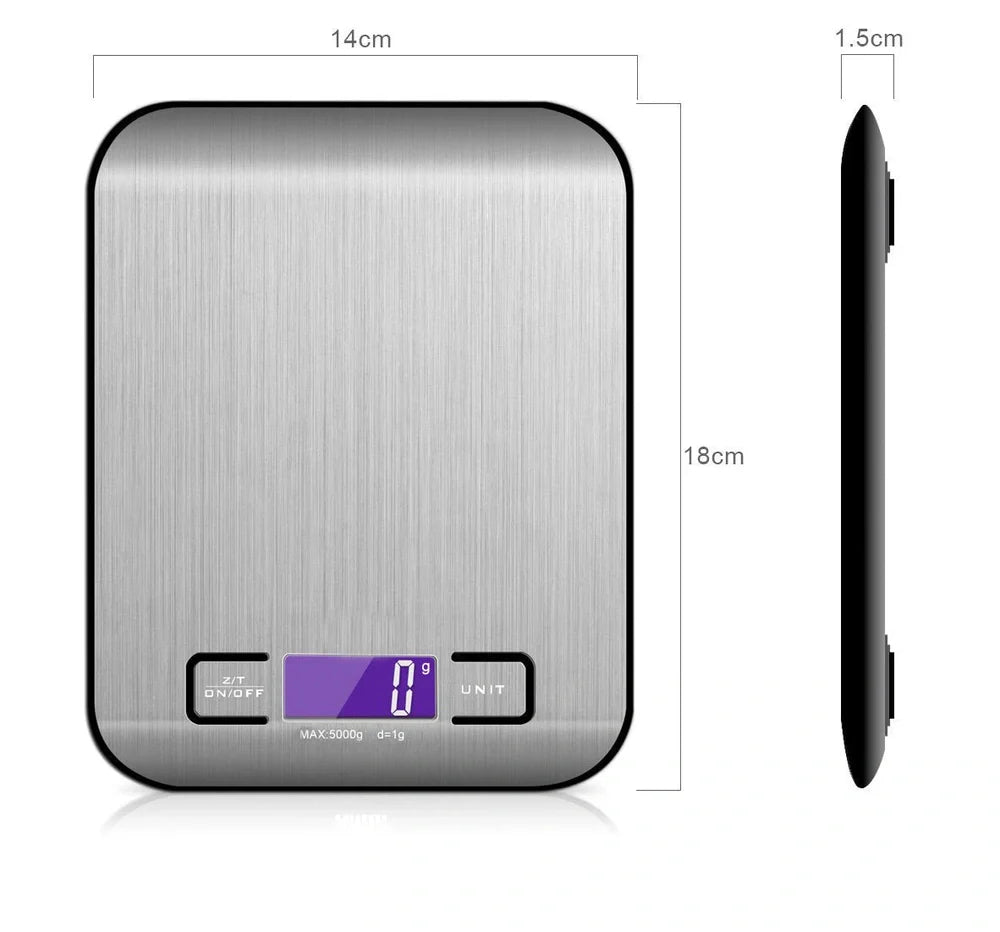 Gold stainless steel kitchen scale with electronic display showing weight measurement