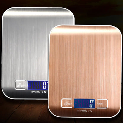 Gold stainless steel kitchen scale with electronic display showing weight measurement