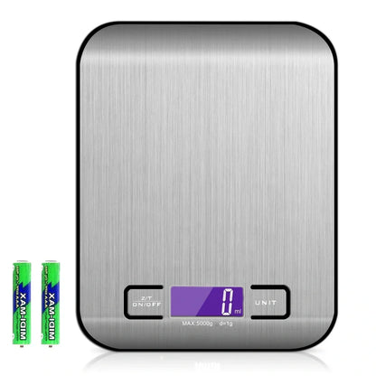 Gold stainless steel kitchen scale with electronic display showing weight measurement