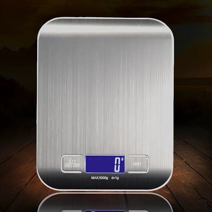 Gold stainless steel kitchen scale with electronic display showing weight measurement
