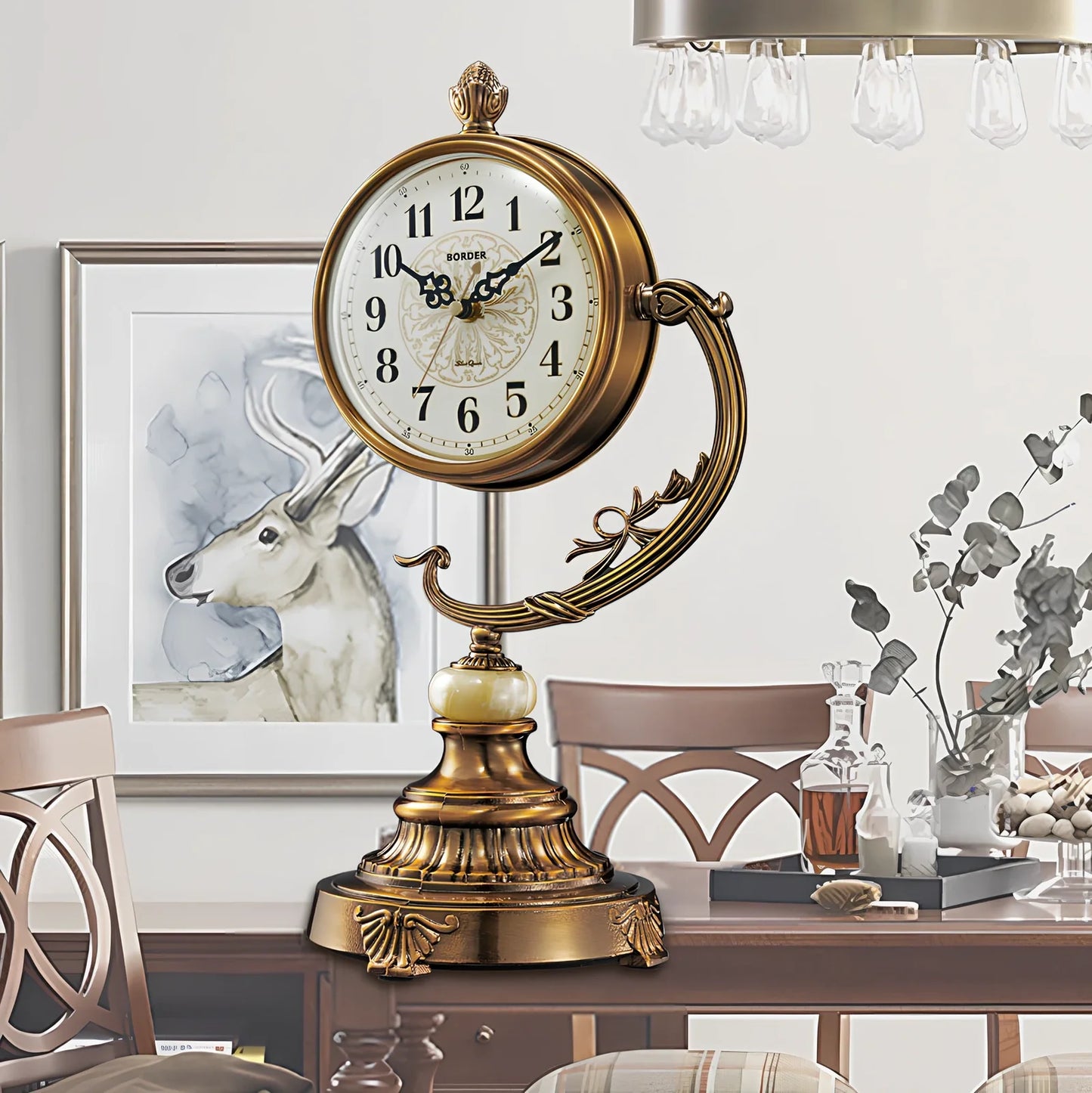 Copper-plated European desk clock with 6-inch round face and 44cm height on wooden surface