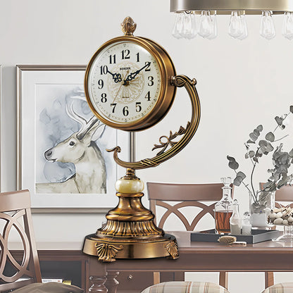 Copper-plated European desk clock with 6-inch round face and 44cm height on wooden surface