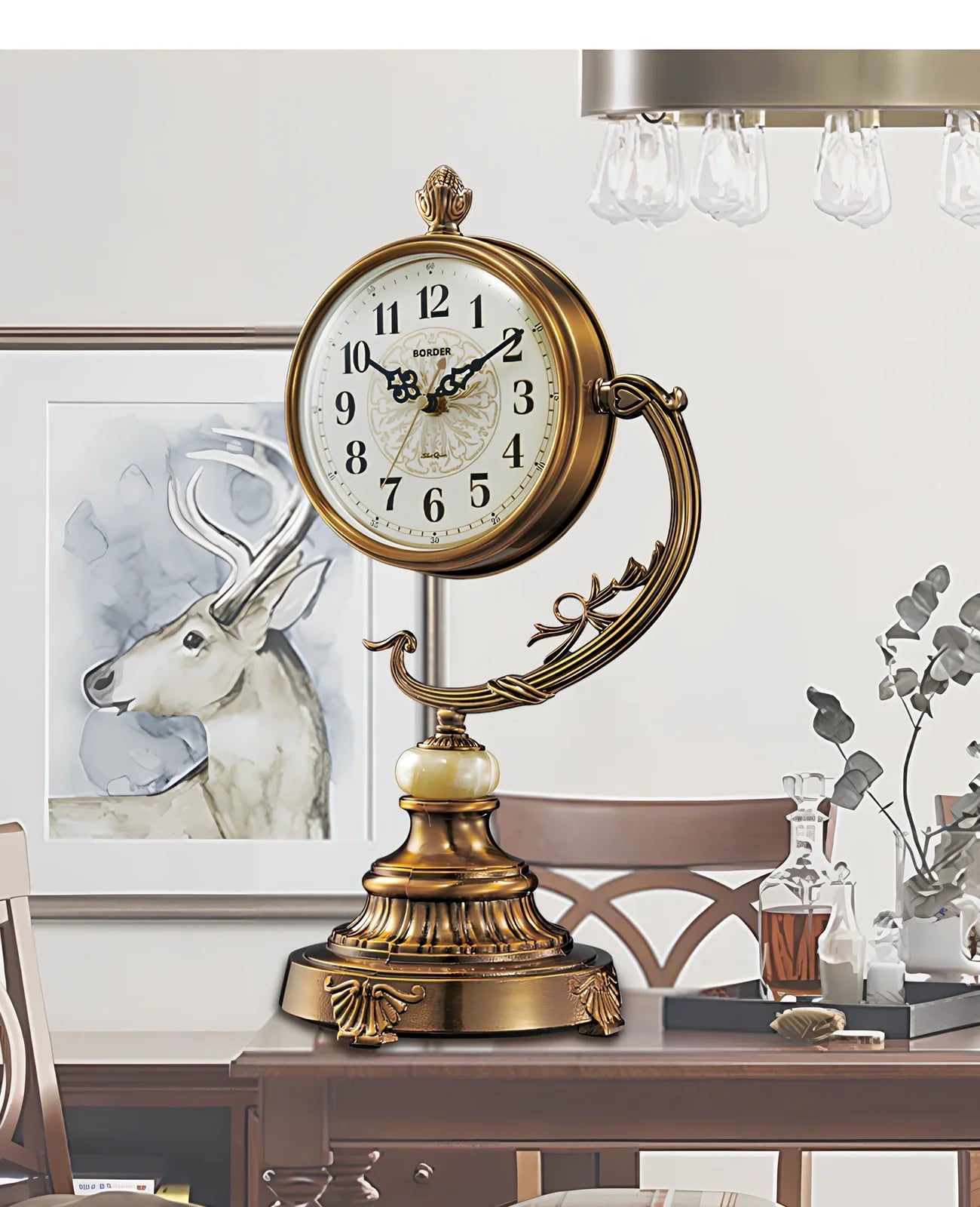 Copper-plated European desk clock with 6-inch round face and 44cm height on wooden surface