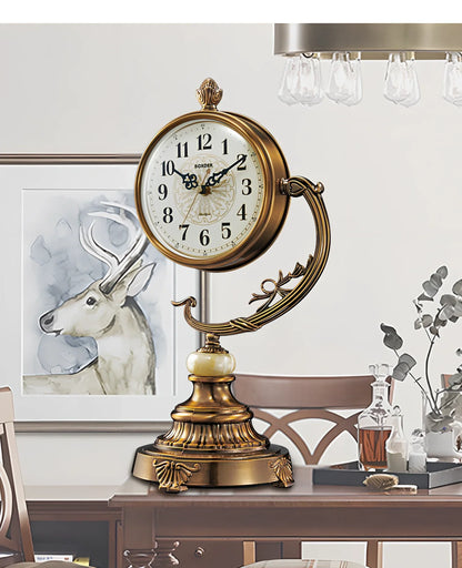 Copper-plated European desk clock with 6-inch round face and 44cm height on wooden surface