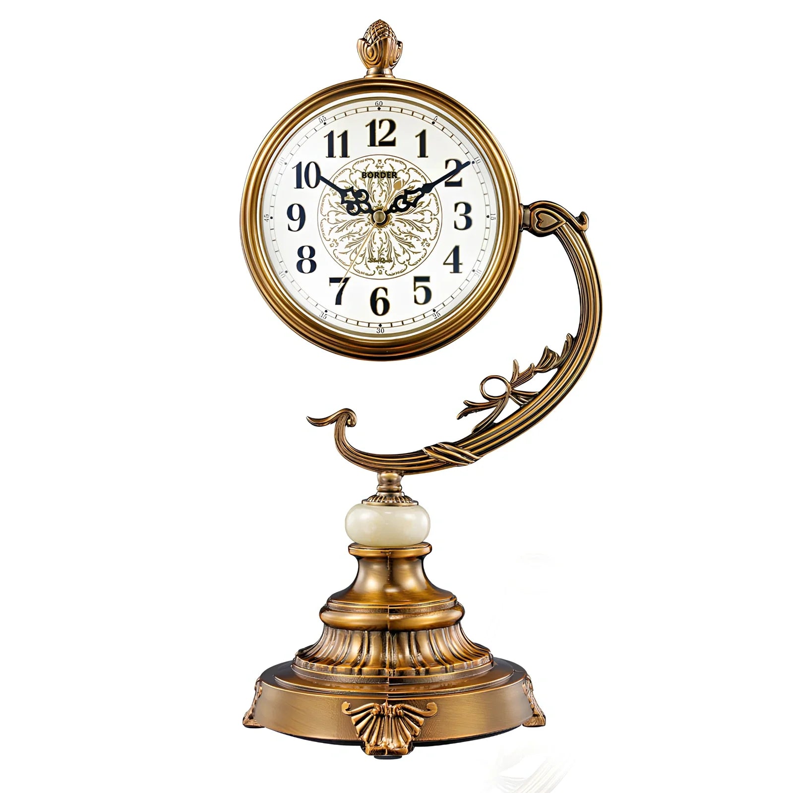 Copper-plated European desk clock with 6-inch round face and 44cm height on wooden surface