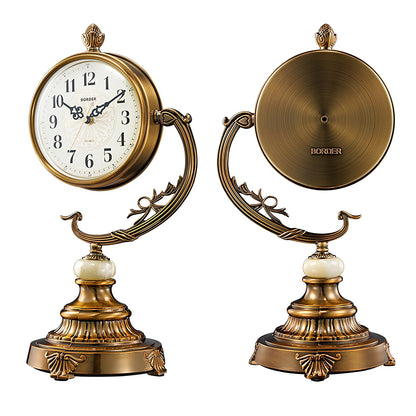 Copper-plated European desk clock with 6-inch round face and 44cm height on wooden surface