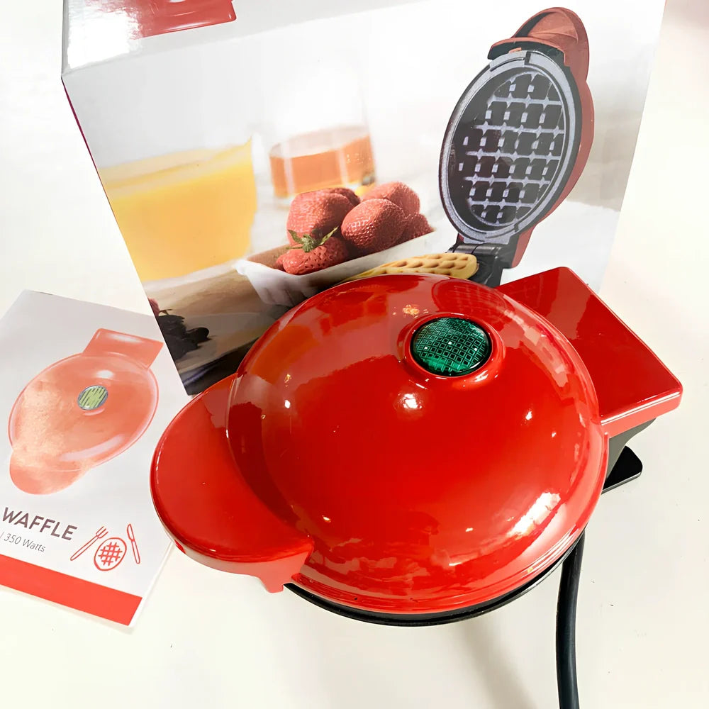 Red electric waffle maker measuring 10x15x20cm with EU plug for bubble egg cakes and pancakes