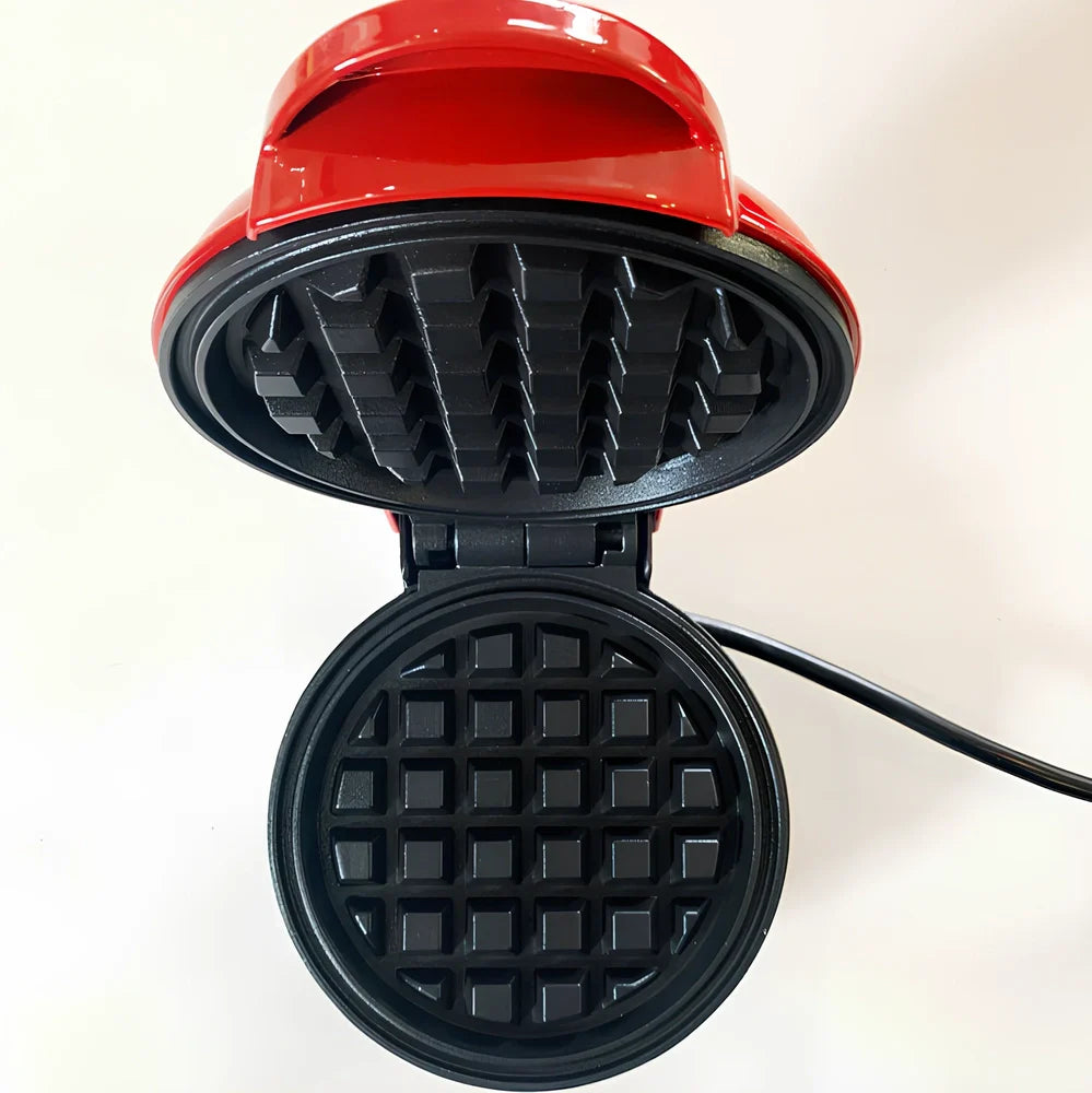 Red electric waffle maker measuring 10x15x20cm with EU plug for bubble egg cakes and pancakes
