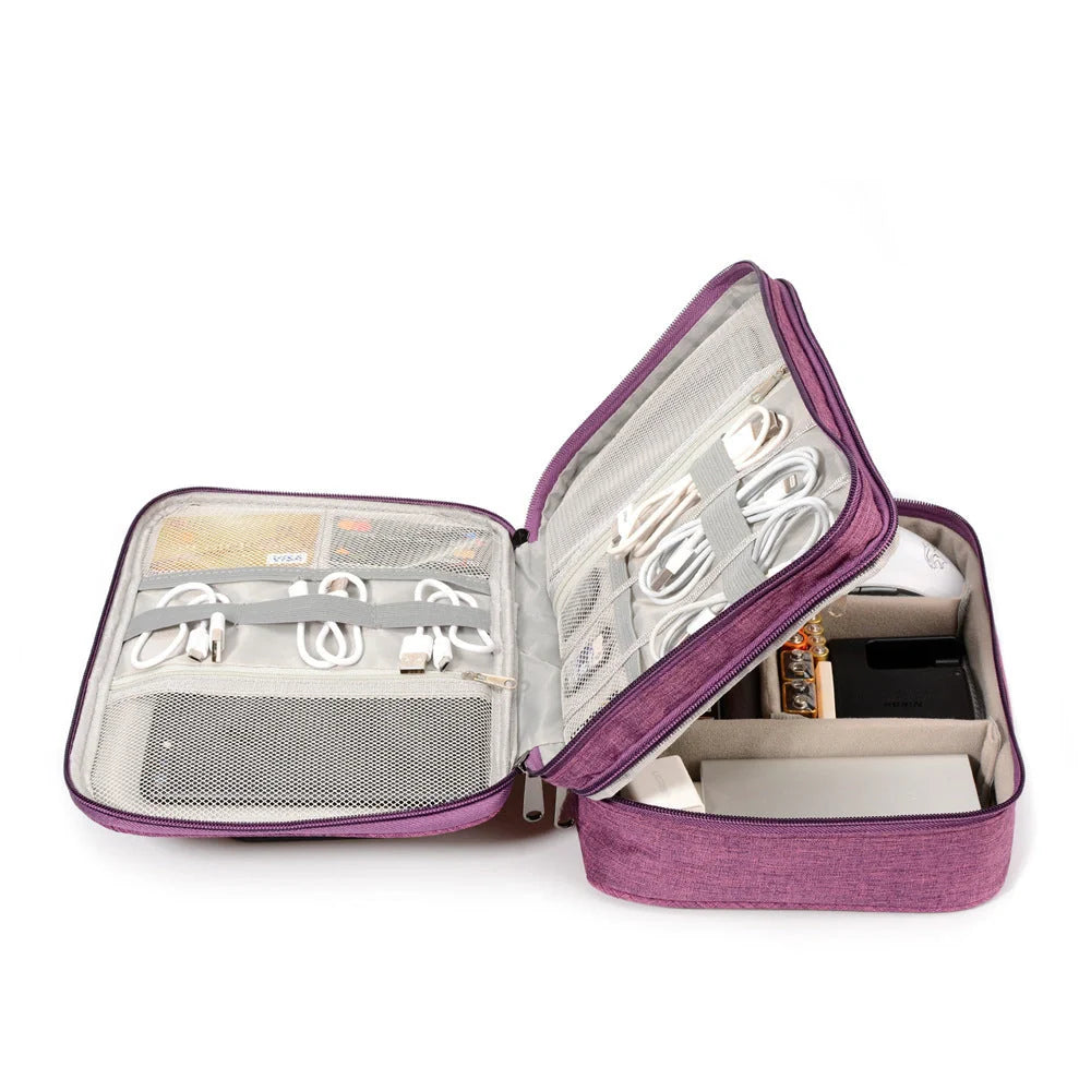 Durable waterproof electronic cable organizer case with multiple compartments for travel and home use