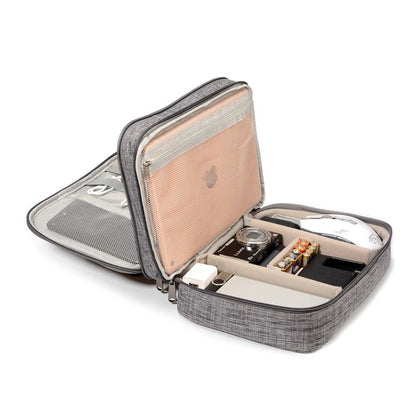 Durable waterproof electronic cable organizer case with multiple compartments for travel and home use