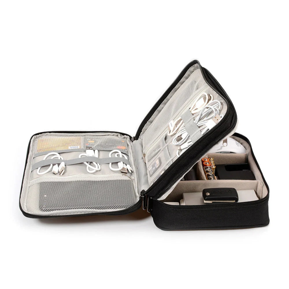 Durable waterproof electronic cable organizer case with multiple compartments for travel and home use