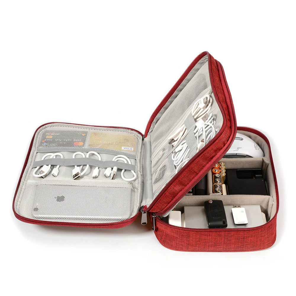 Durable waterproof electronic cable organizer case with multiple compartments for travel and home use