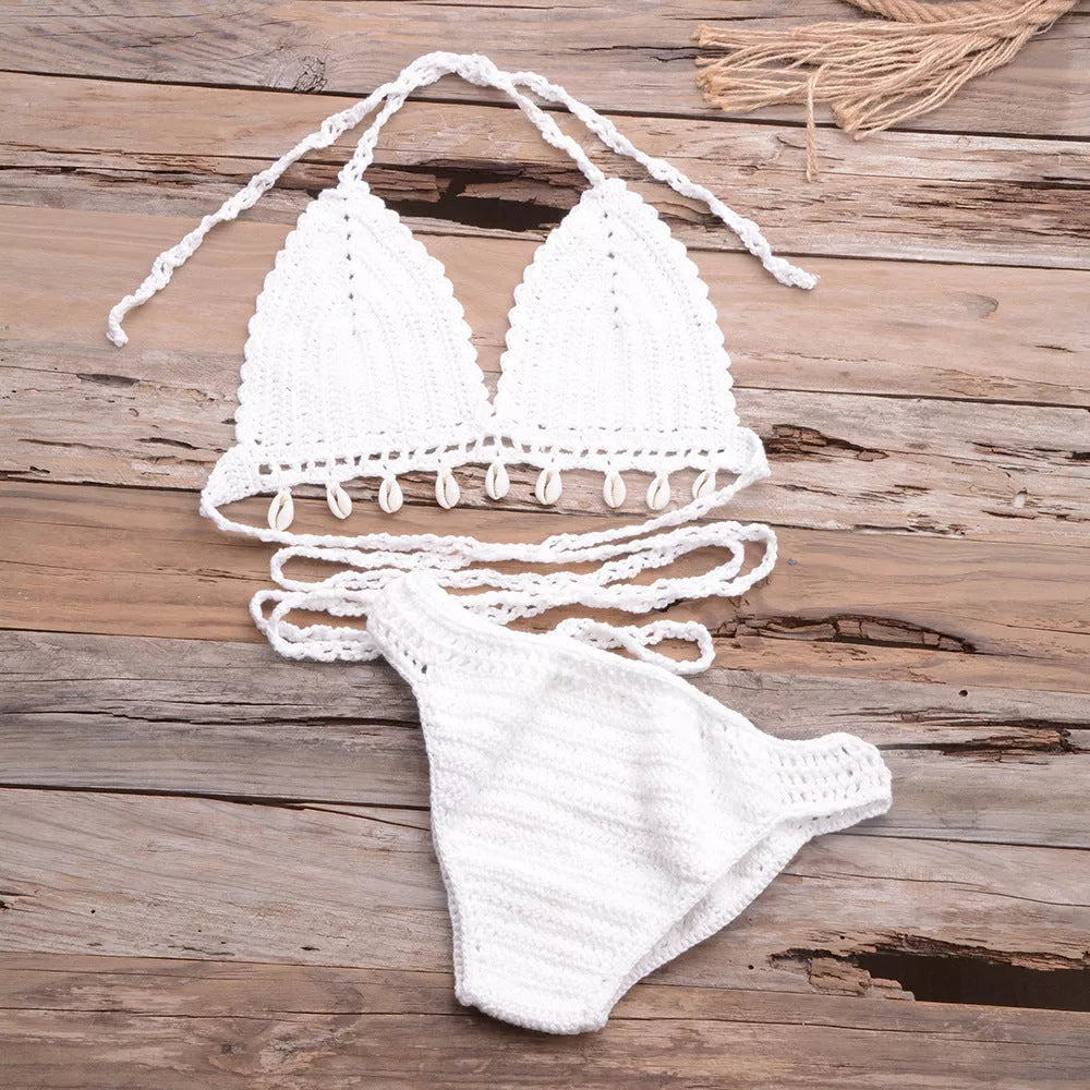 Hand-woven hollow shell bikini top in various colors for outdoor wear