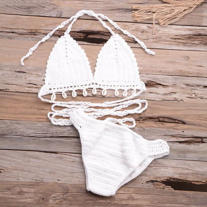 Hand-woven hollow shell bikini top in various colors for outdoor wear