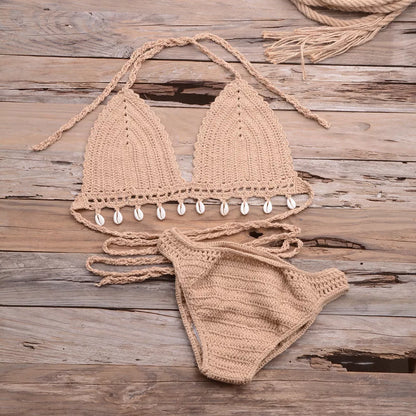 Hand-woven hollow shell bikini top in various colors for outdoor wear